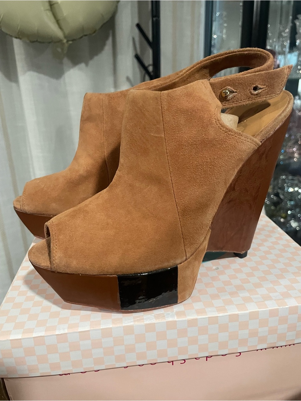 L.A.M.B Wedges Peep Toe by Gwen Stefani, Size 7.5, Brown Leather Suede Platform